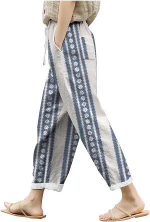 Womens Linen Summer Casual Pant Trousers Elastic Waist Long Lounge Slim Fit Palazzo Pants Trendy