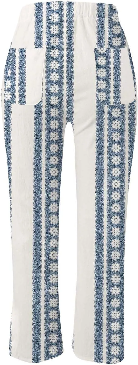 Womens Linen Summer Casual Pant Trousers Elastic Waist Long Lounge Slim Fit Palazzo Pants Trendy