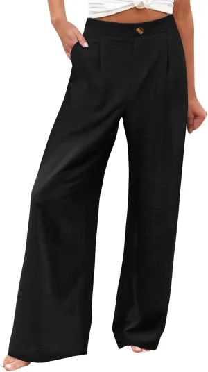 Women's Linen Summer Casual Pant Trousers Elastic Waisted Stretchy Straight Slim Fit Pants Work Business