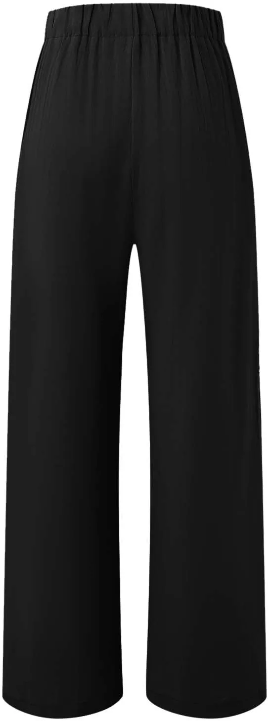 Women's Linen Summer Casual Pant Trousers Elastic Waisted Stretchy Straight Slim Fit Pants Work Business