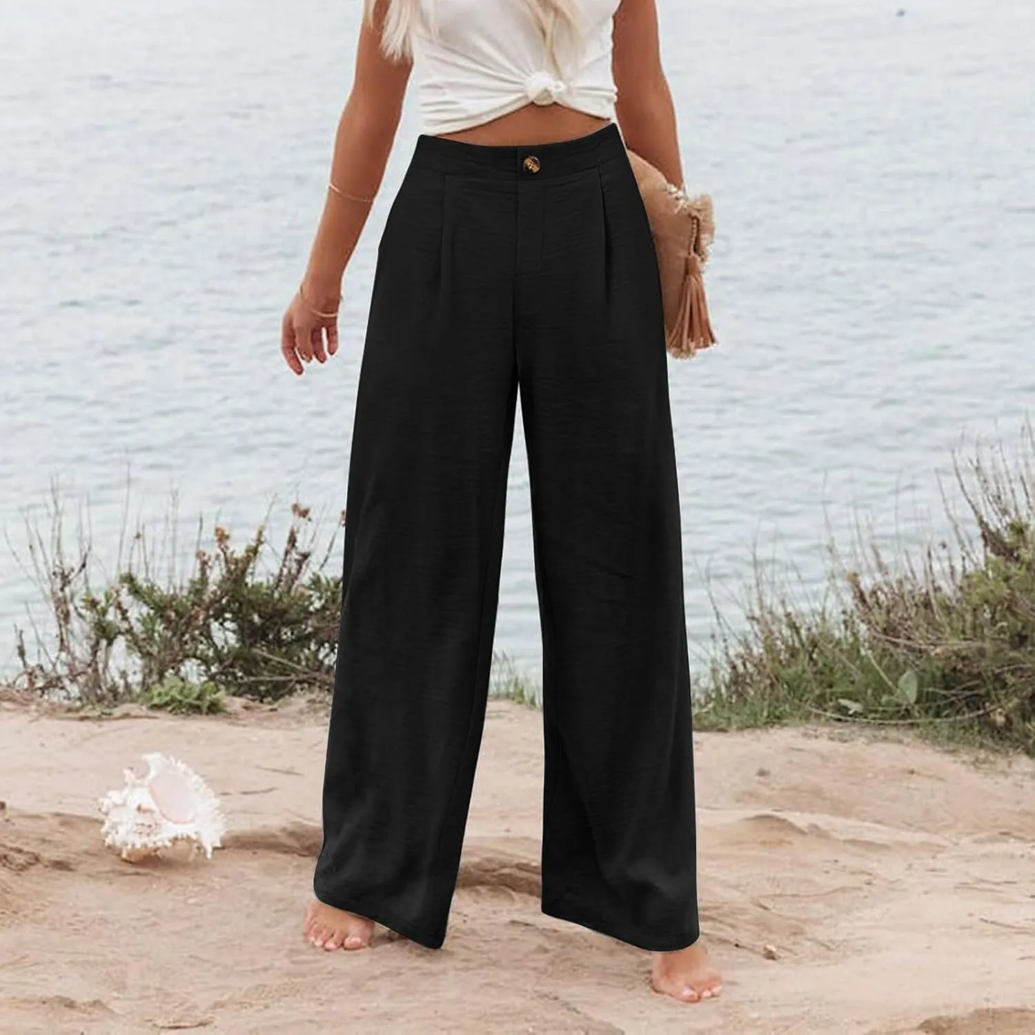 Women's Linen Summer Casual Pant Trousers Elastic Waisted Stretchy Straight Slim Fit Pants Work Business