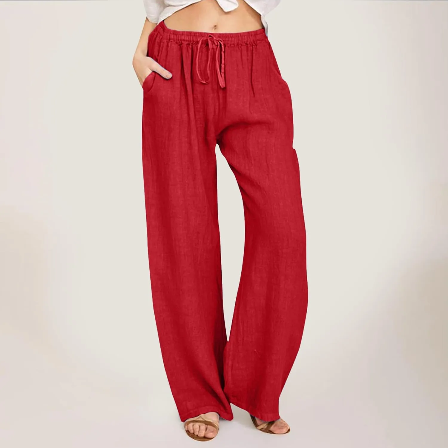 Women's Linen Summer Loose Flowy Pants Elastic Waisted Bootcut Slim-Fit Pant Trousers Beach