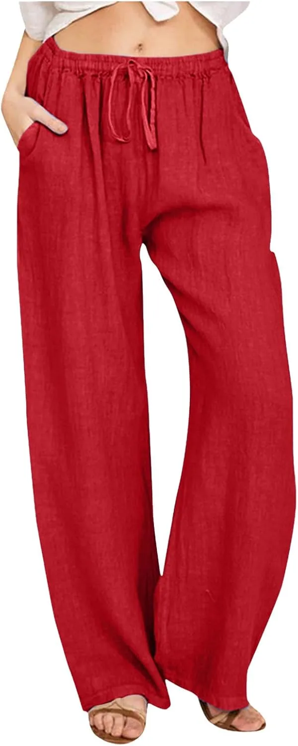 Women's Linen Summer Loose Flowy Pants Elastic Waisted Bootcut Slim-Fit Pant Trousers Beach