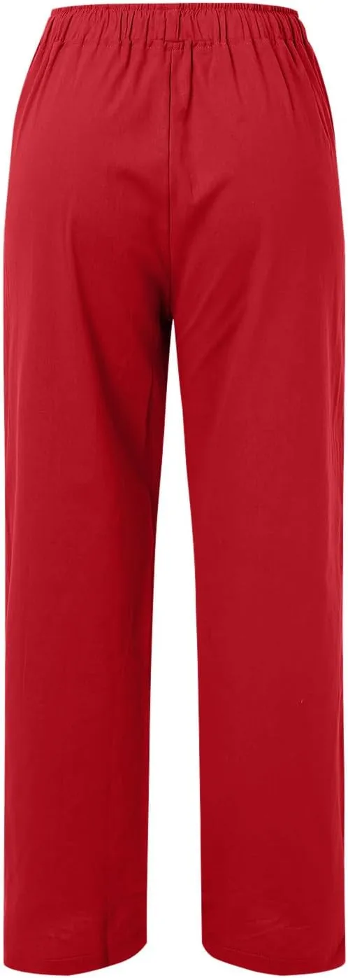Women's Linen Summer Loose Flowy Pants Elastic Waisted Bootcut Slim-Fit Pant Trousers Beach
