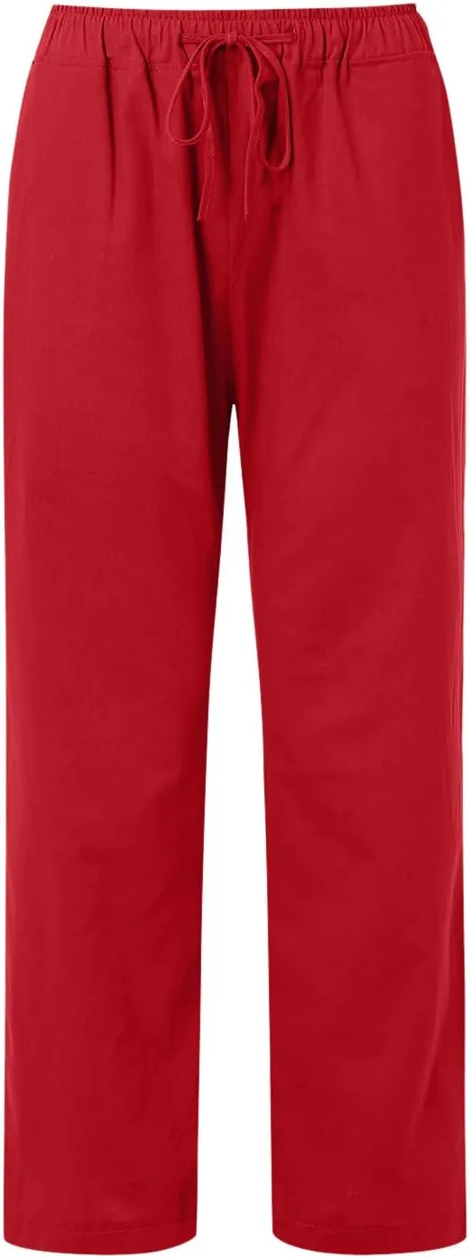 Women's Linen Summer Loose Flowy Pants Elastic Waisted Bootcut Slim-Fit Pant Trousers Beach