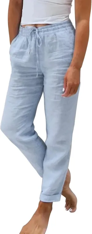 Womens Linen Summer Tie Knot Palazzo Lounge Pants High Waist Ankle Length Loose Fit Trouser Work Business
