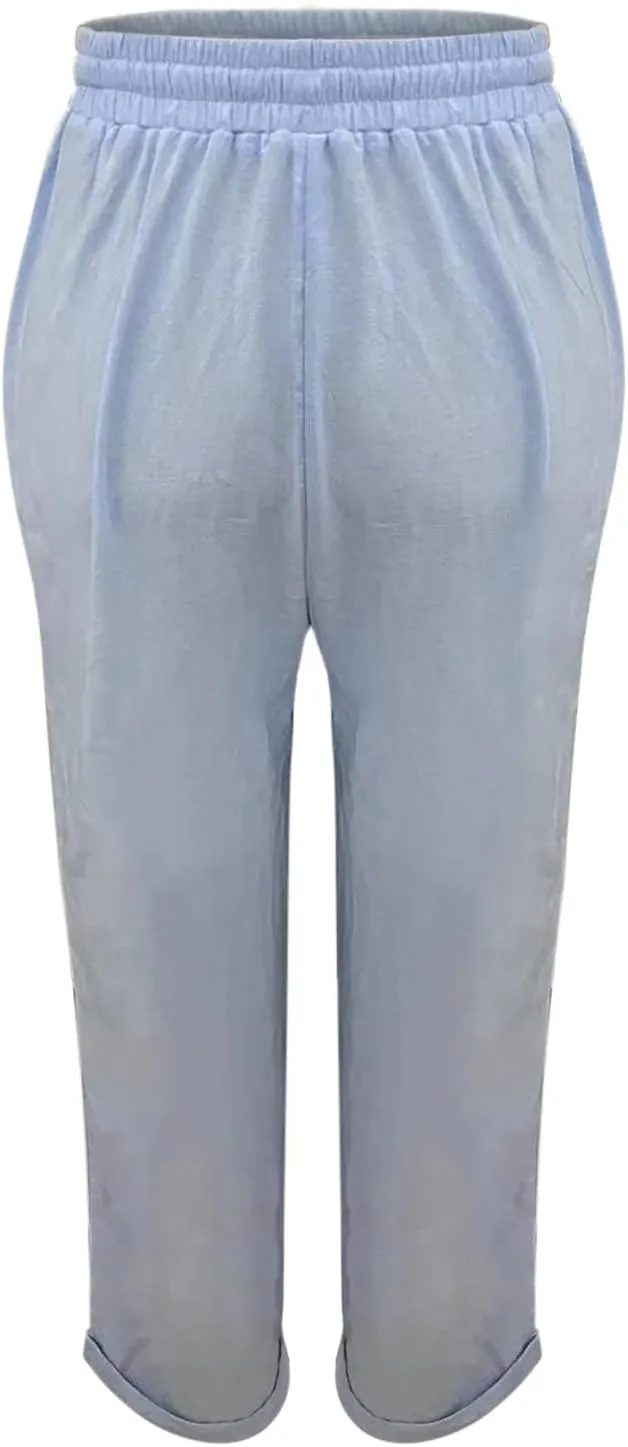 Womens Linen Summer Tie Knot Palazzo Lounge Pants High Waist Ankle Length Loose Fit Trouser Work Business
