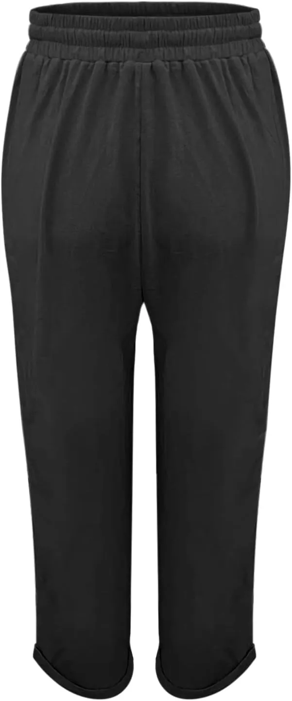 Womens Linen Summer Tie Knot Palazzo Lounge Pants High Waist Ankle Length Loose Fit Trouser Work Business