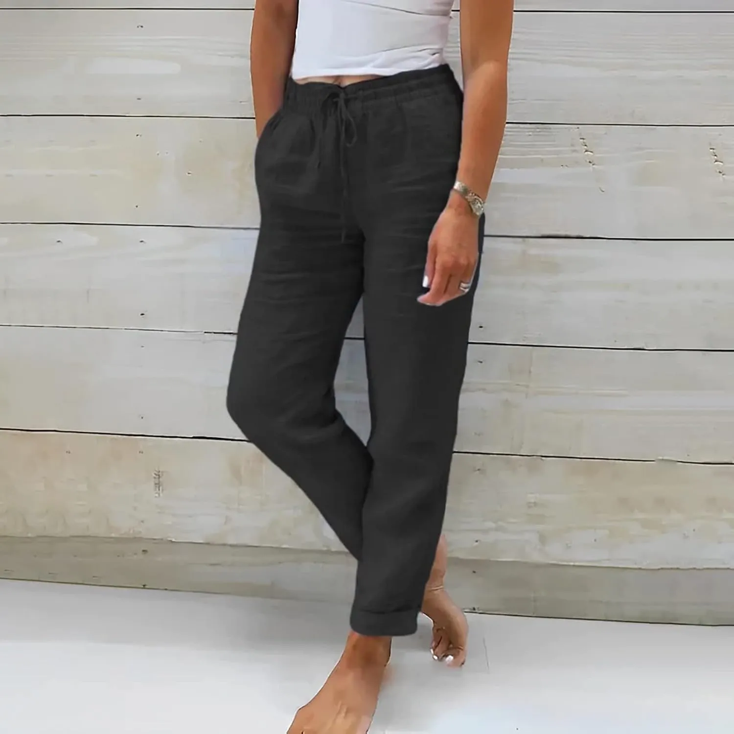 Womens Linen Summer Tie Knot Palazzo Lounge Pants High Waist Ankle Length Loose Fit Trouser Work Business