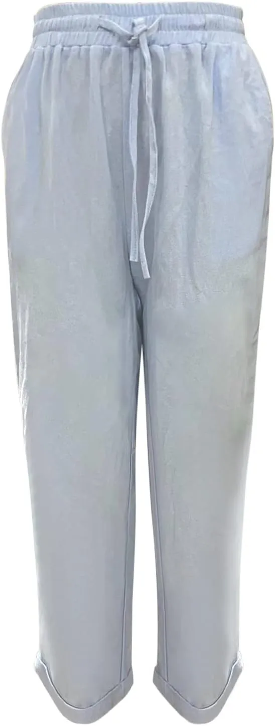 Womens Linen Summer Tie Knot Palazzo Lounge Pants High Waist Ankle Length Loose Fit Trouser Work Business