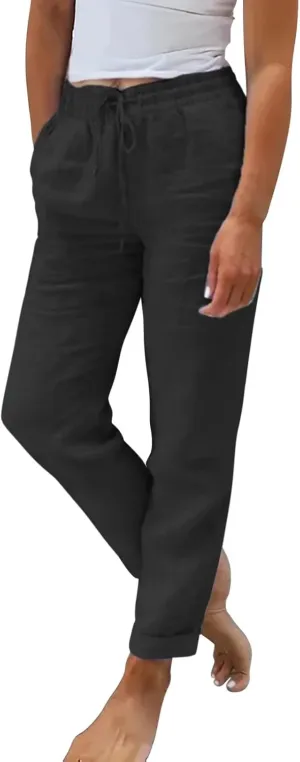 Womens Linen Summer Tie Knot Palazzo Lounge Pants High Waist Ankle Length Loose Fit Trouser Work Business
