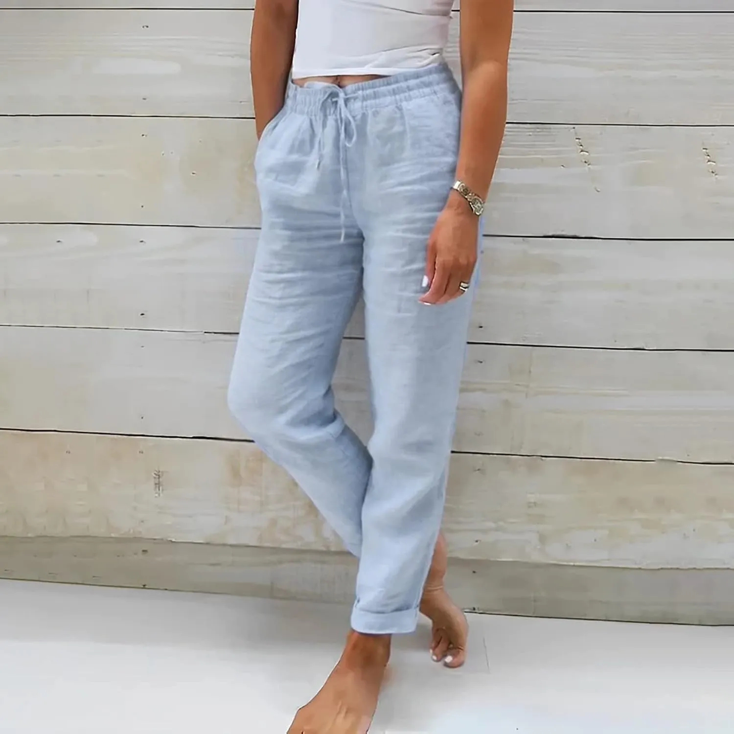 Womens Linen Summer Tie Knot Palazzo Lounge Pants High Waist Ankle Length Loose Fit Trouser Work Business