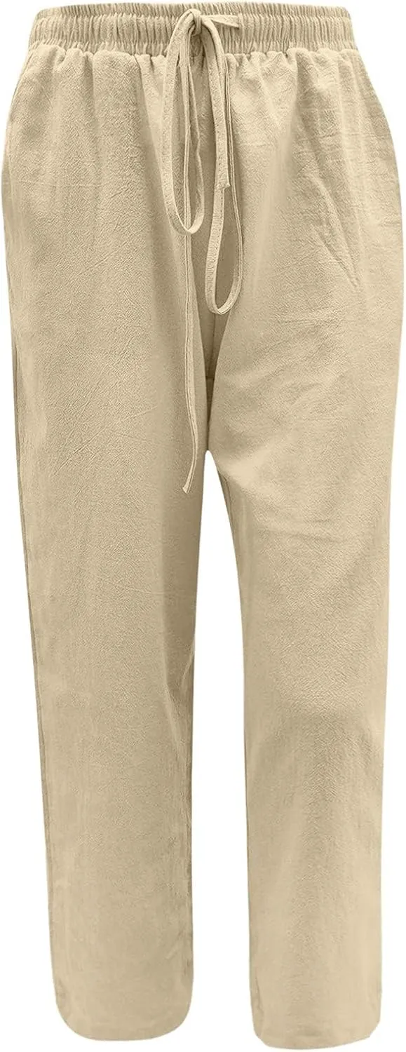 Womens Linen Wide Leg Pants High Waisted Drawstring Pant Athletic Casual Sweatpants Flowy Beach Pants Summer Trousers