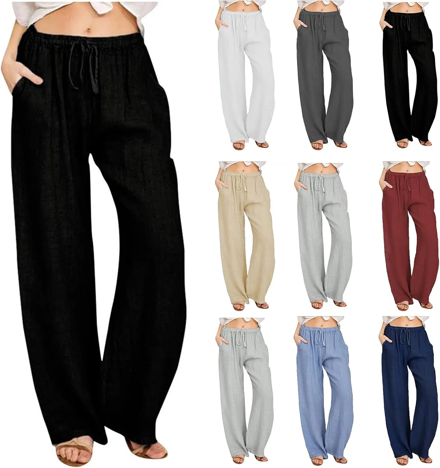 Womens Linen Wide Leg Pants High Waisted Drawstring Pant Athletic Casual Sweatpants Flowy Beach Pants Summer Trousers