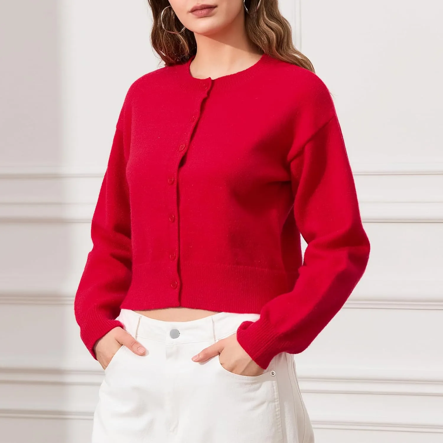 Women's Long Sleeve Cropped Cardigan Open Front Button Down Knit Cardigan Long Sleeve Crew Neck Pullover Y2k Tops