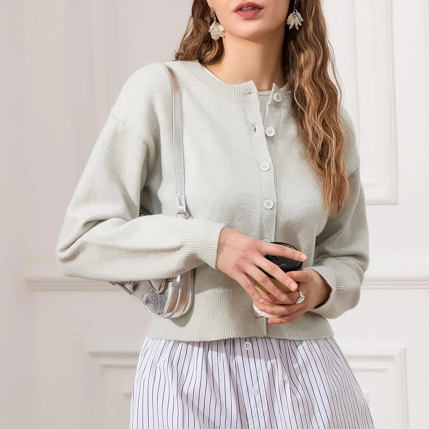 Women's Long Sleeve Cropped Cardigan Open Front Button Down Knit Cardigan Long Sleeve Crew Neck Pullover Y2k Tops