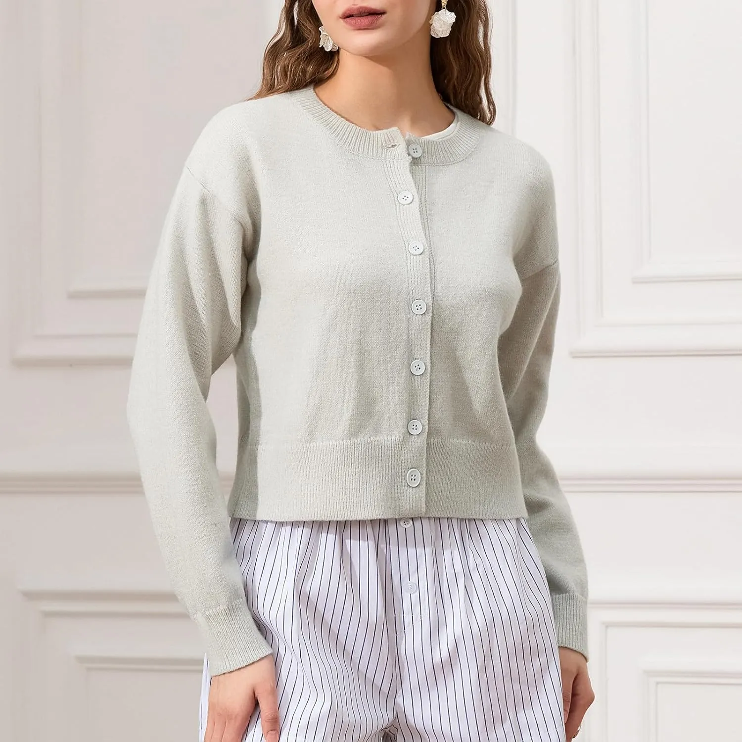 Women's Long Sleeve Cropped Cardigan Open Front Button Down Knit Cardigan Long Sleeve Crew Neck Pullover Y2k Tops