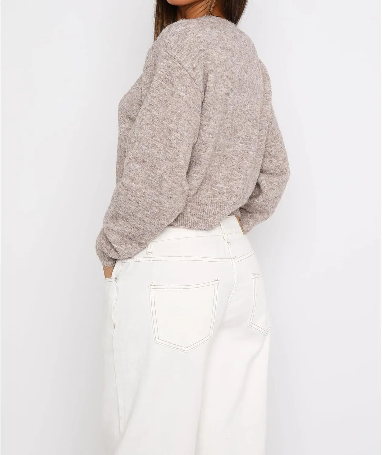 Women's Long Sleeve Cropped Cardigan Open Front Button Down Knit Cardigan Long Sleeve Crew Neck Pullover Y2k Tops