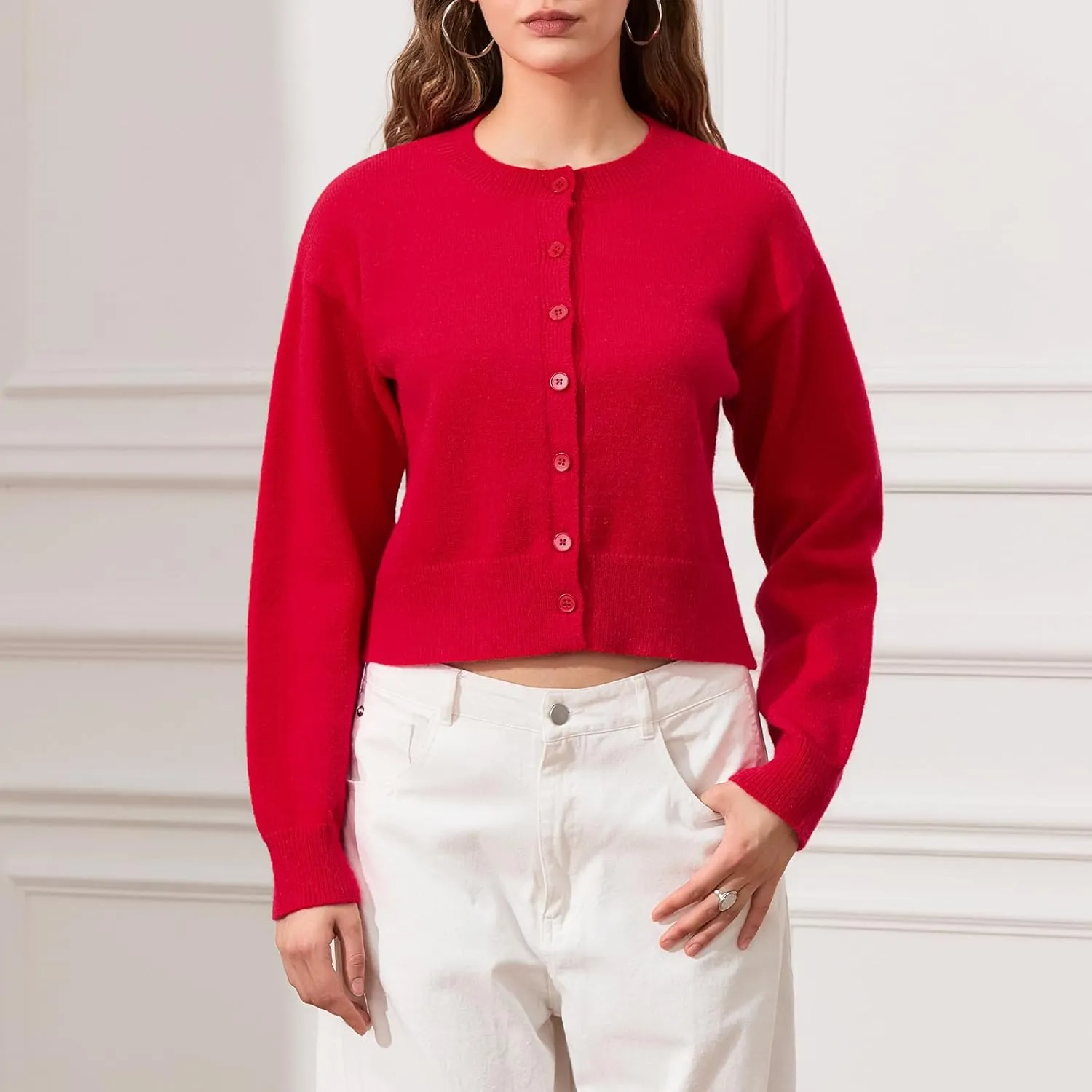Women's Long Sleeve Cropped Cardigan Open Front Button Down Knit Cardigan Long Sleeve Crew Neck Pullover Y2k Tops