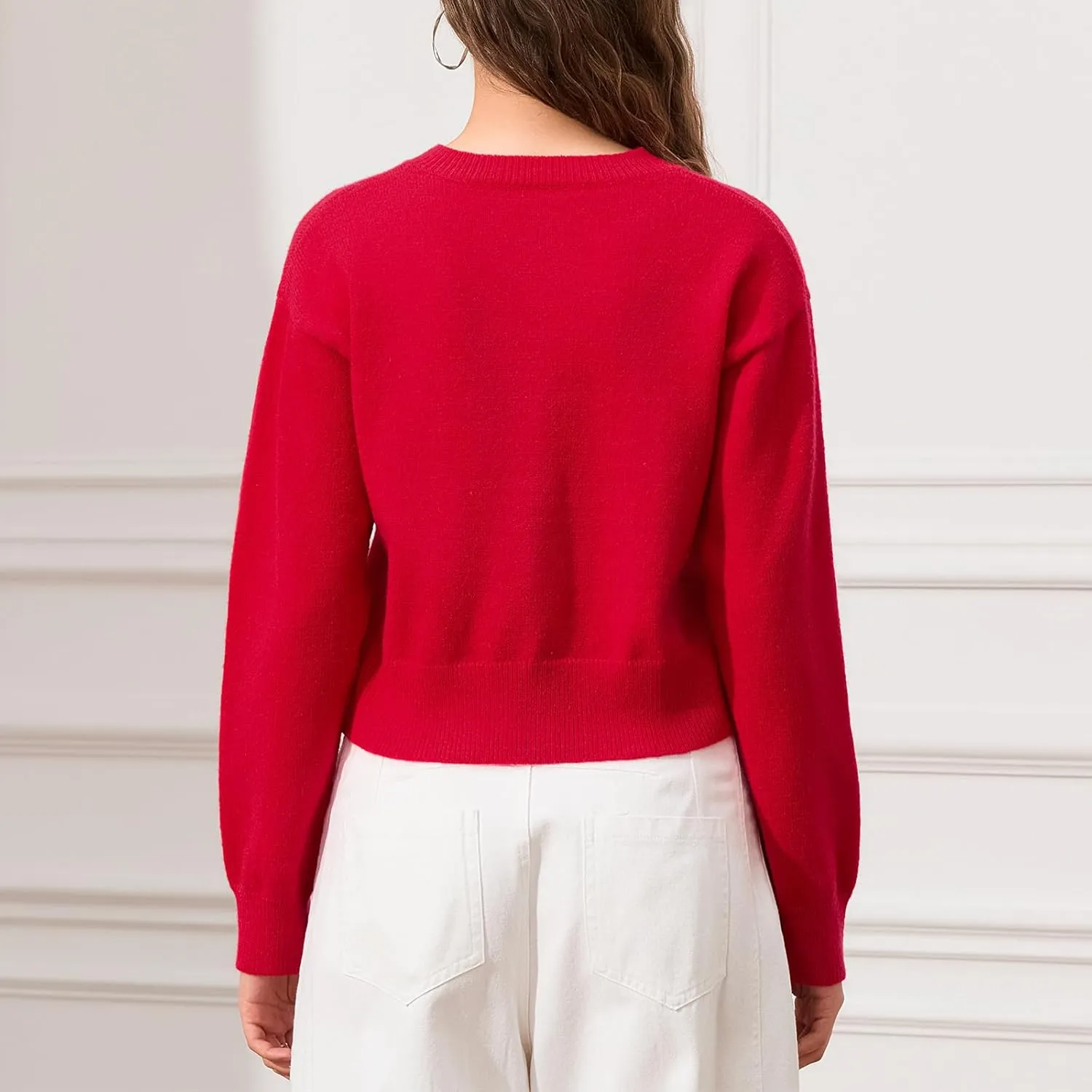 Women's Long Sleeve Cropped Cardigan Open Front Button Down Knit Cardigan Long Sleeve Crew Neck Pullover Y2k Tops