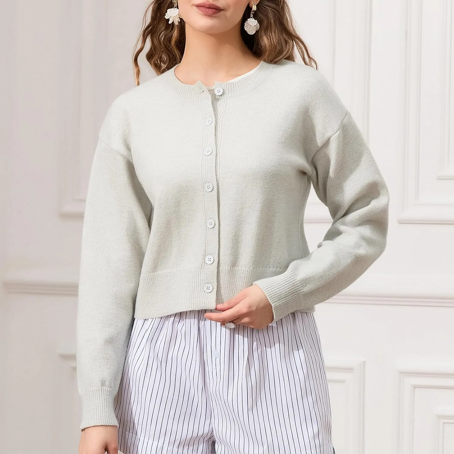Women's Long Sleeve Cropped Cardigan Open Front Button Down Knit Cardigan Long Sleeve Crew Neck Pullover Y2k Tops