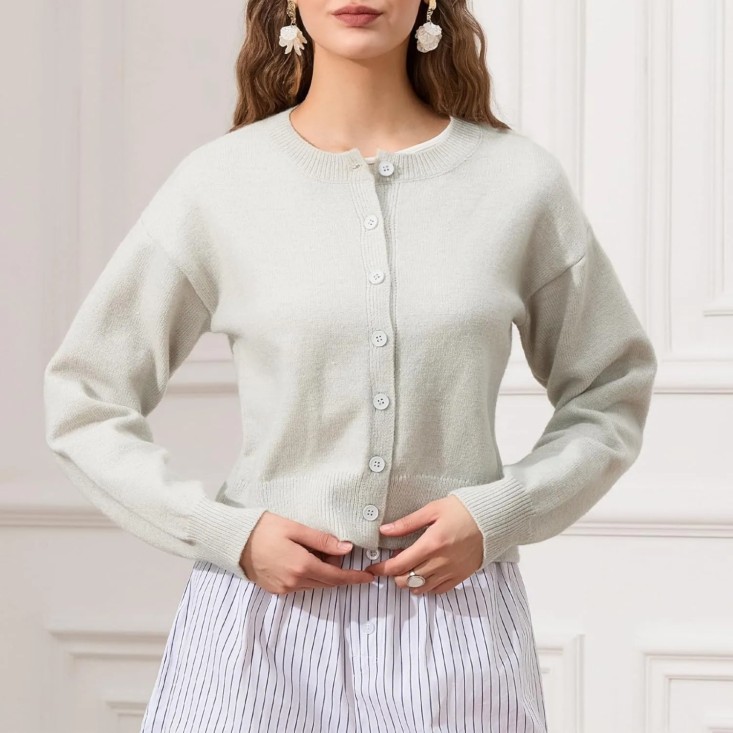 Women's Long Sleeve Cropped Cardigan Open Front Button Down Knit Cardigan Long Sleeve Crew Neck Pullover Y2k Tops