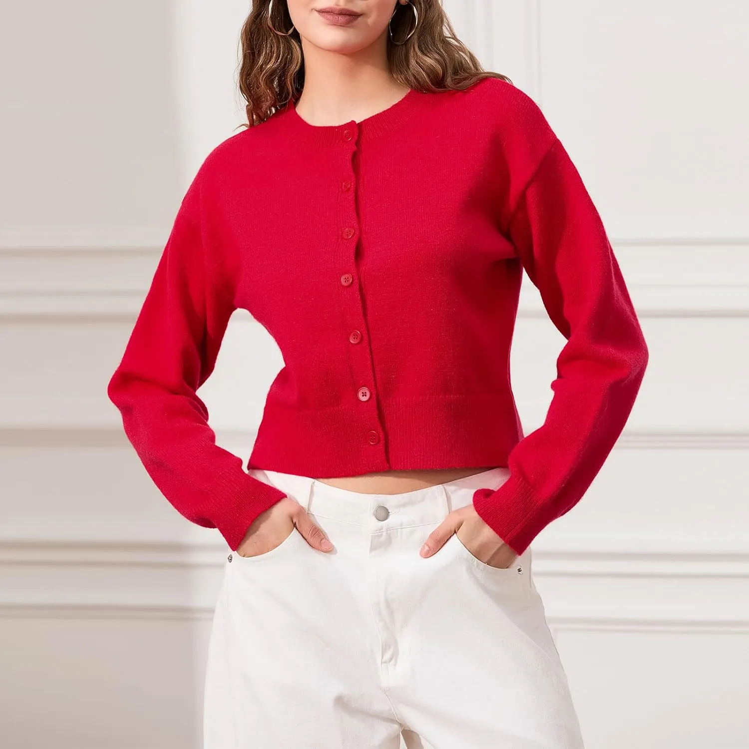 Women's Long Sleeve Cropped Cardigan Open Front Button Down Knit Cardigan Long Sleeve Crew Neck Pullover Y2k Tops