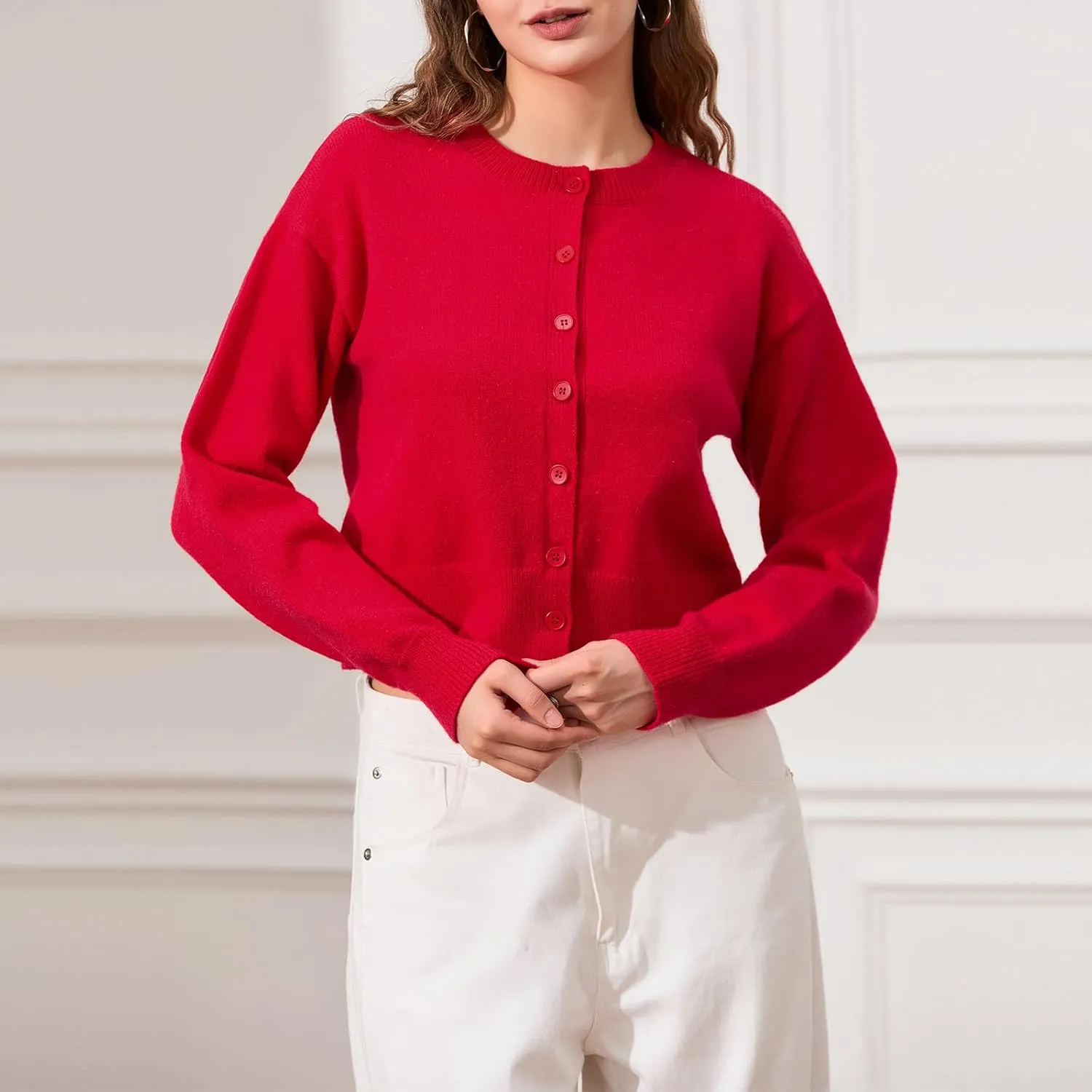 Women's Long Sleeve Cropped Cardigan Open Front Button Down Knit Cardigan Long Sleeve Crew Neck Pullover Y2k Tops