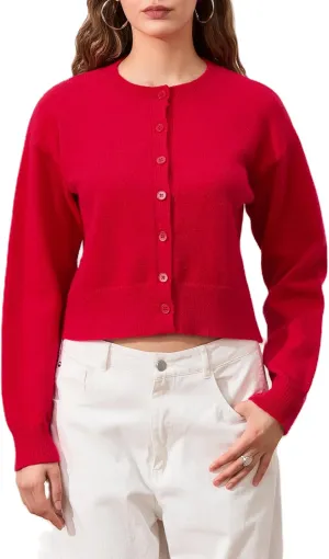 Women's Long Sleeve Cropped Cardigan Open Front Button Down Knit Cardigan Long Sleeve Crew Neck Pullover Y2k Tops