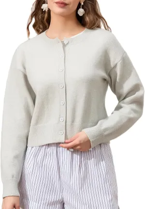 Women's Long Sleeve Cropped Cardigan Open Front Button Down Knit Cardigan Long Sleeve Crew Neck Pullover Y2k Tops