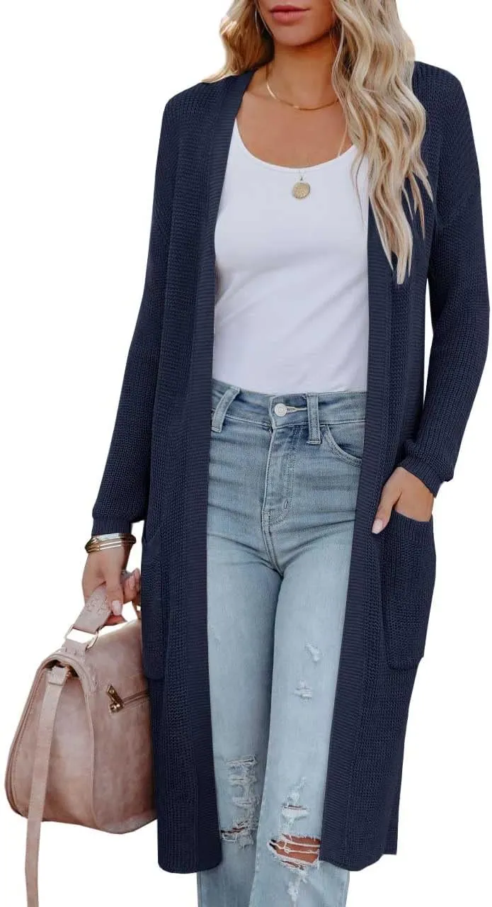 Womens Long Sleeve Open Front Cardigan Sweater Lightweight Knit Casual Loose Fit Sweaters Outerwear with Pockets