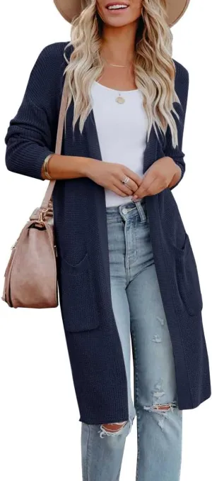 Womens Long Sleeve Open Front Cardigan Sweater Lightweight Knit Casual Loose Fit Sweaters Outerwear with Pockets