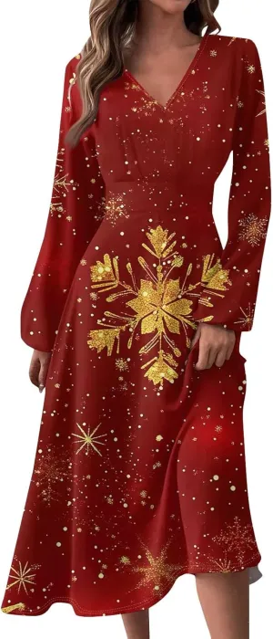 Womens Long Sleeve Trendy Dresses 2024 V-Neck Dressy Midi Casual Christmas Printed Fashion Swing Dress