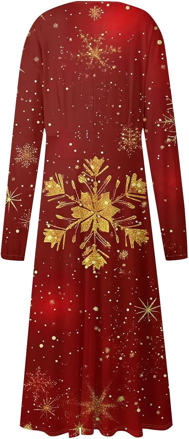 Womens Long Sleeve Trendy Dresses 2024 V-Neck Dressy Midi Casual Christmas Printed Fashion Swing Dress