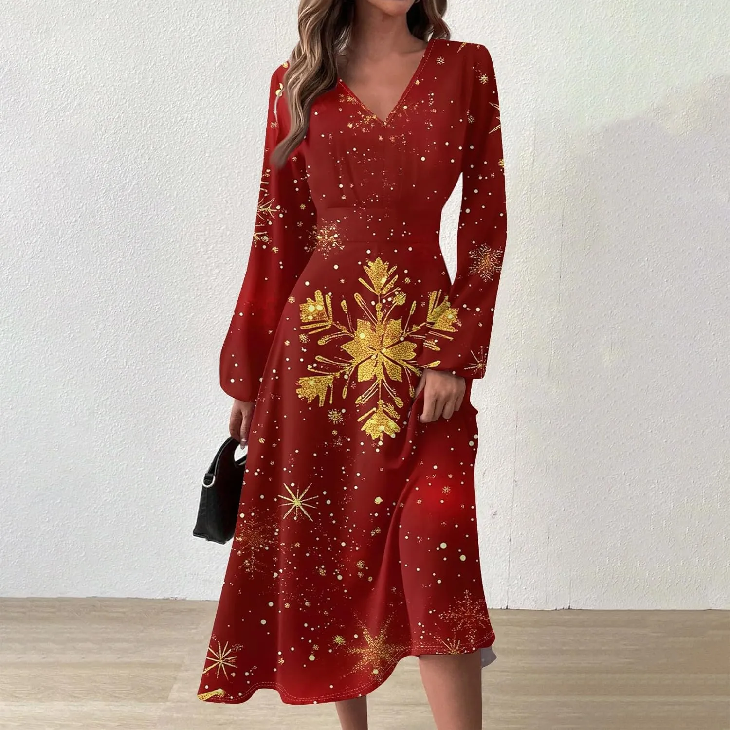 Womens Long Sleeve Trendy Dresses 2024 V-Neck Dressy Midi Casual Christmas Printed Fashion Swing Dress