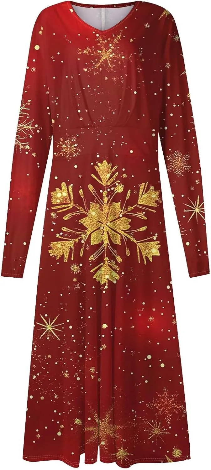 Womens Long Sleeve Trendy Dresses 2024 V-Neck Dressy Midi Casual Christmas Printed Fashion Swing Dress
