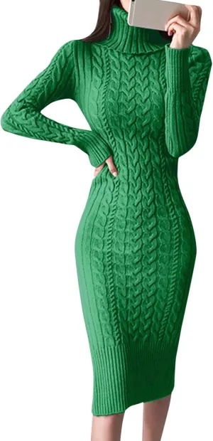 Womens Long Sleeve Turtleneck Sweater Dresses Knitted Bodycon Midi Jumper Fashion Casual Winter Slim Fit Sexy Dresses