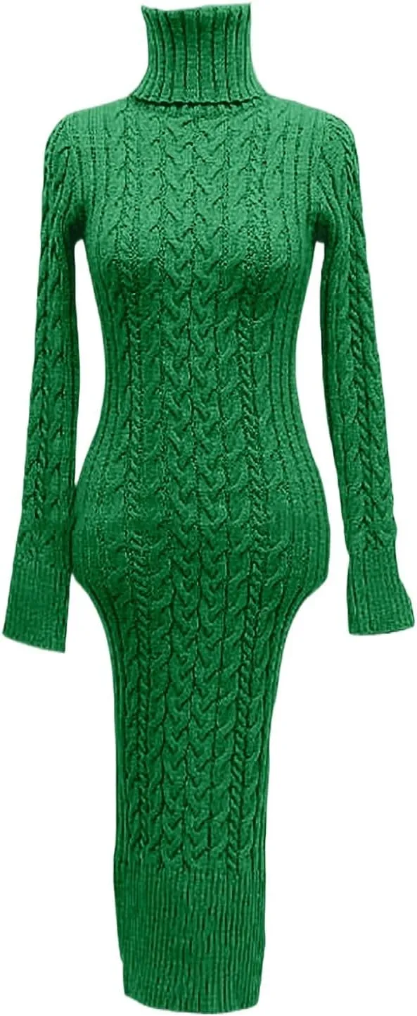 Womens Long Sleeve Turtleneck Sweater Dresses Knitted Bodycon Midi Jumper Fashion Casual Winter Slim Fit Sexy Dresses