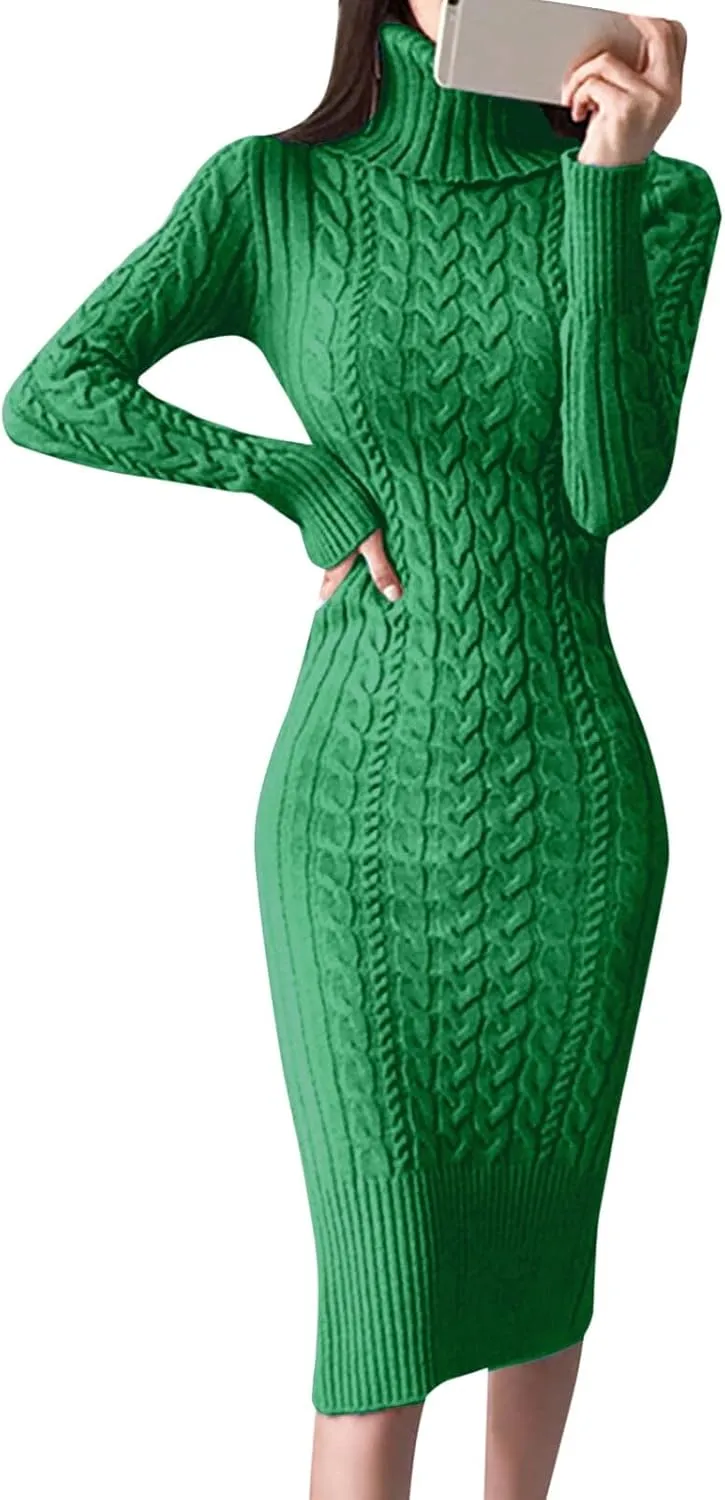 Womens Long Sleeve Turtleneck Sweater Dresses Knitted Bodycon Midi Jumper Fashion Casual Winter Slim Fit Sexy Dresses
