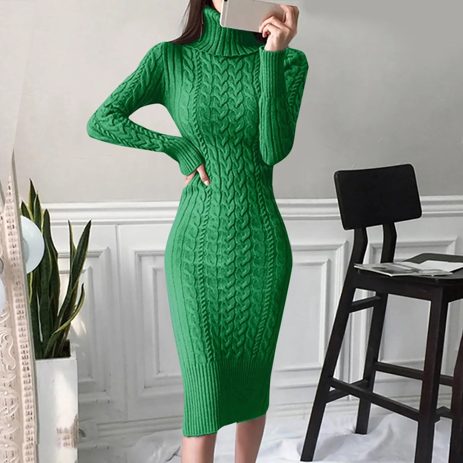 Womens Long Sleeve Turtleneck Sweater Dresses Knitted Bodycon Midi Jumper Fashion Casual Winter Slim Fit Sexy Dresses