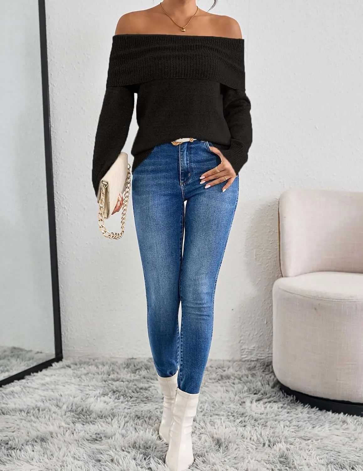 Womens Loose Off The Shoulder Sweater Spring 2025 Trendy Sexy Ladies Dressy Casual Outfits Ribbed Knit Pullover Top