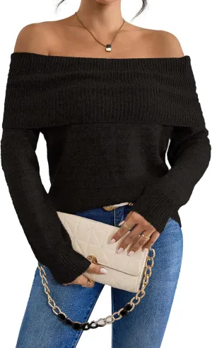 Womens Loose Off The Shoulder Sweater Spring 2025 Trendy Sexy Ladies Dressy Casual Outfits Ribbed Knit Pullover Top