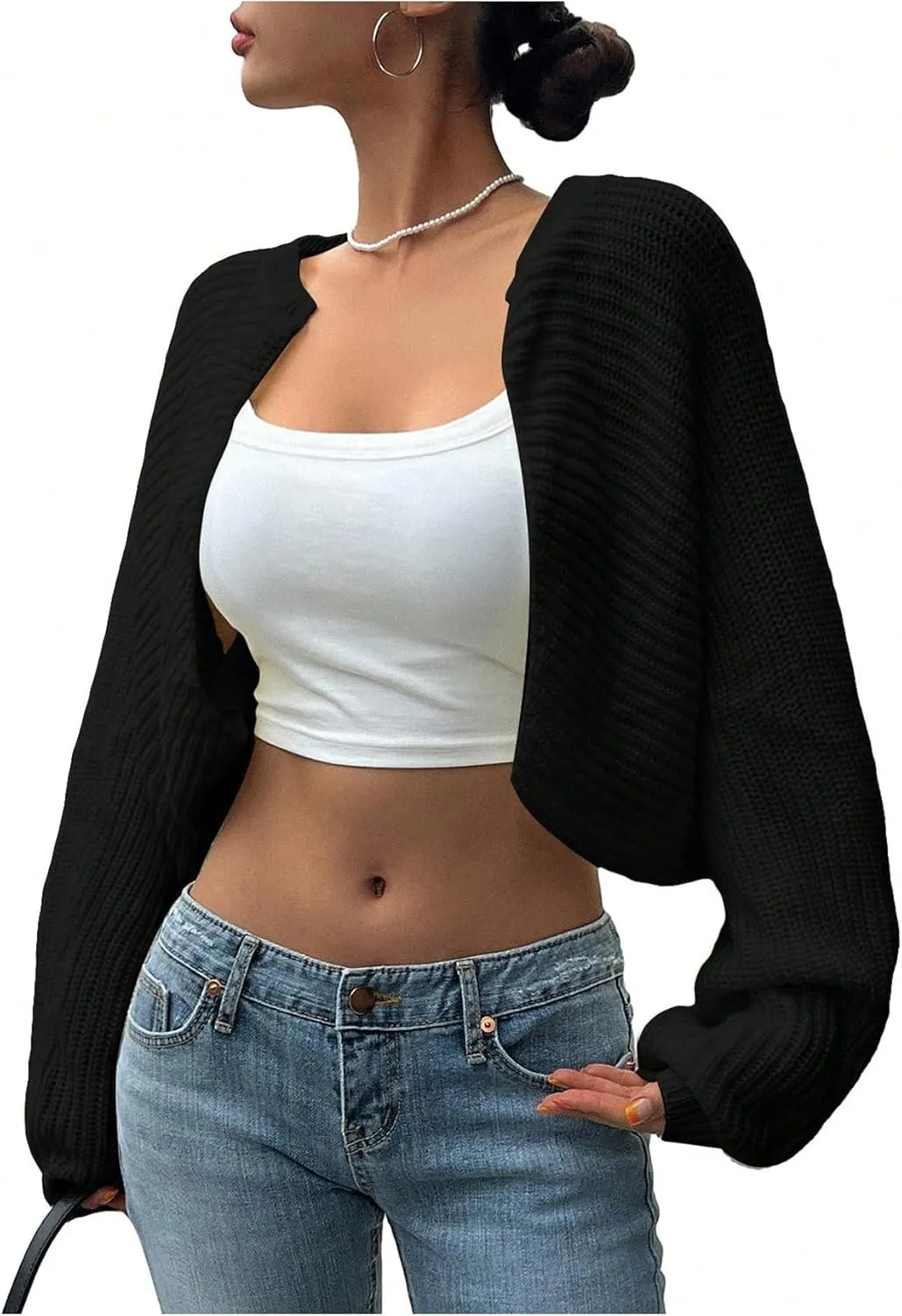 Women's Open Front Cardigan Sweater Long Sleeve Knit Bolero Shrug Cropped Cardigan Y2k Trendy