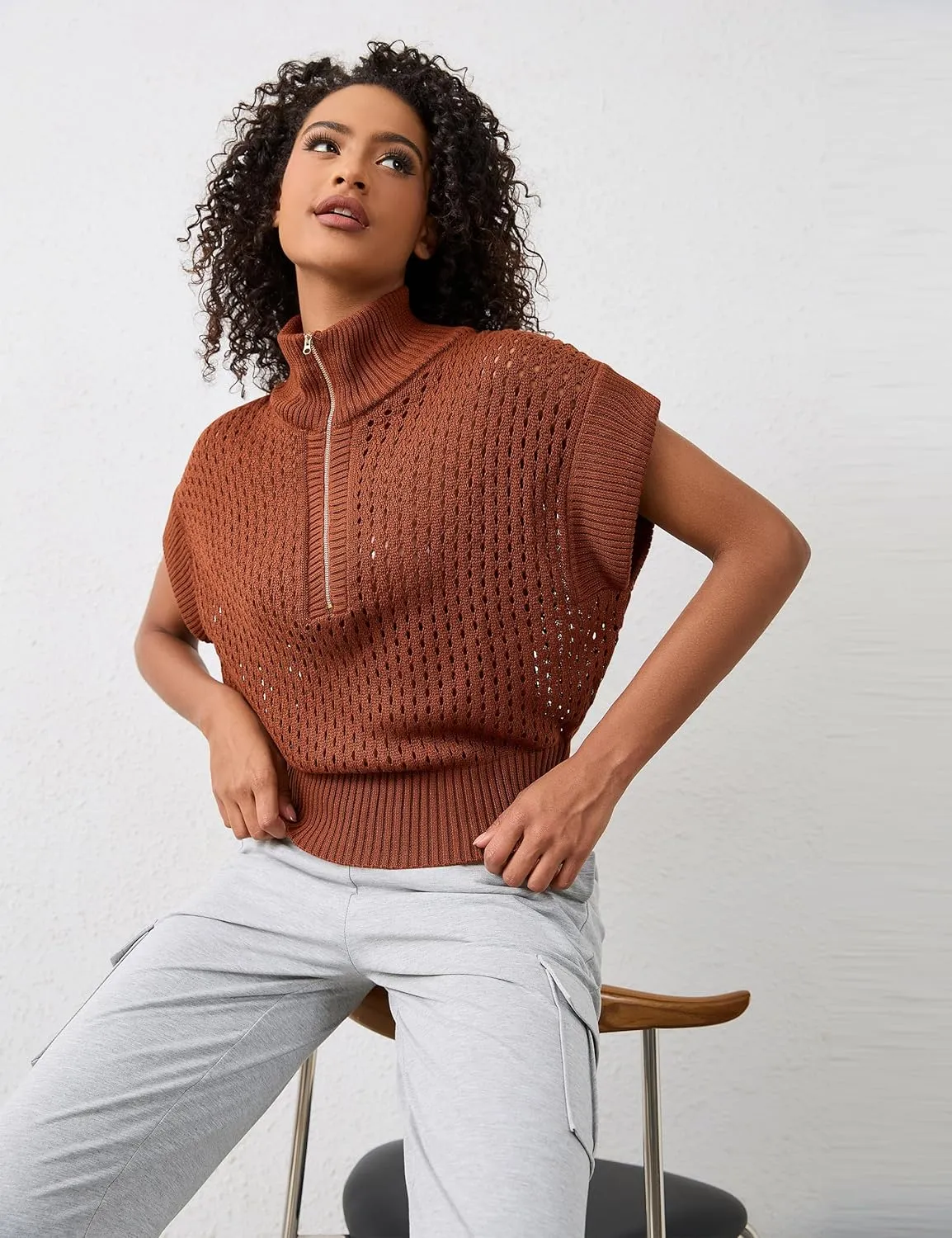 Womens Oversized Crochet Zip Sweater Vest Cap Sleeve Sweater Tops Casual Lapel Collar See Through Hollow Out Knit Top