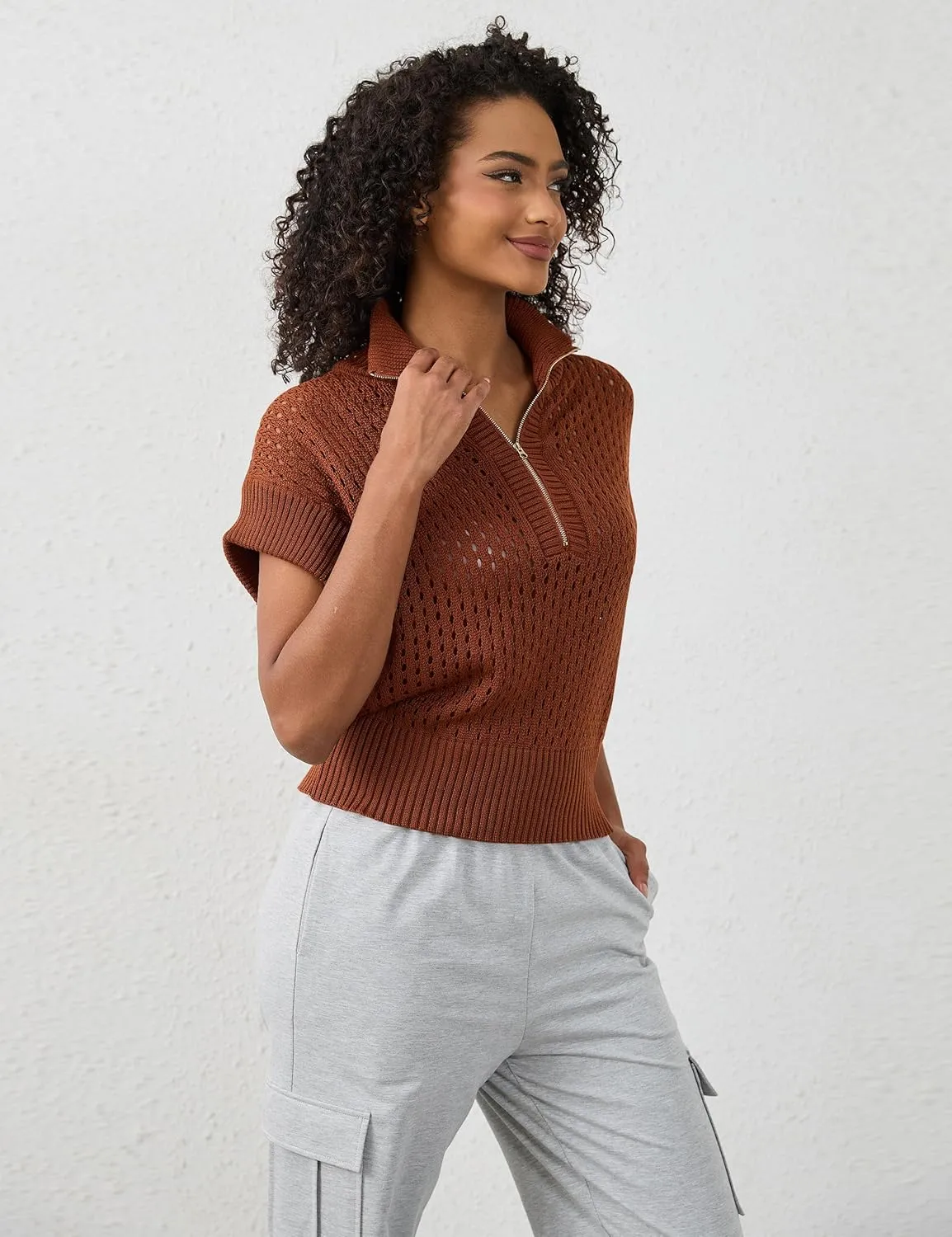 Womens Oversized Crochet Zip Sweater Vest Cap Sleeve Sweater Tops Casual Lapel Collar See Through Hollow Out Knit Top