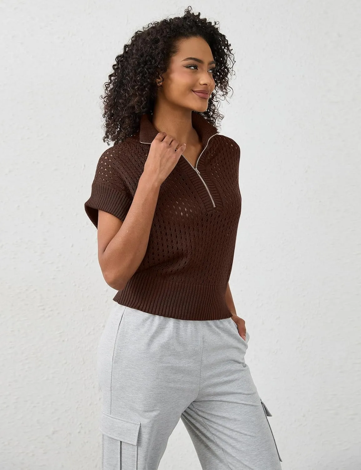 Womens Oversized Crochet Zip Sweater Vest Cap Sleeve Sweater Tops Casual Lapel Collar See Through Hollow Out Knit Top