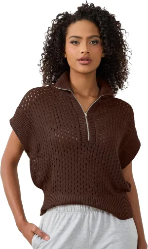 Womens Oversized Crochet Zip Sweater Vest Cap Sleeve Sweater Tops Casual Lapel Collar See Through Hollow Out Knit Top