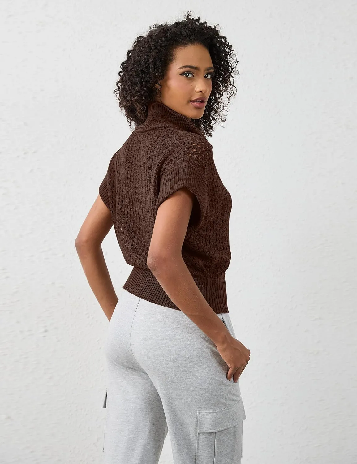 Womens Oversized Crochet Zip Sweater Vest Cap Sleeve Sweater Tops Casual Lapel Collar See Through Hollow Out Knit Top