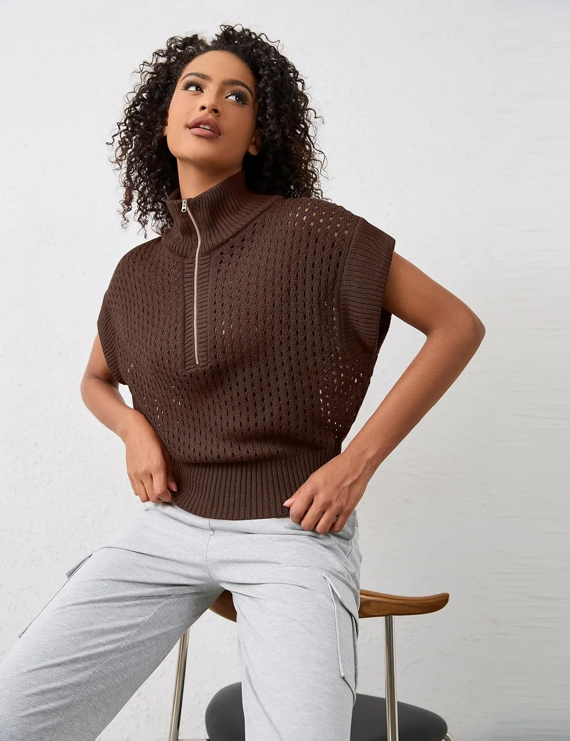 Womens Oversized Crochet Zip Sweater Vest Cap Sleeve Sweater Tops Casual Lapel Collar See Through Hollow Out Knit Top