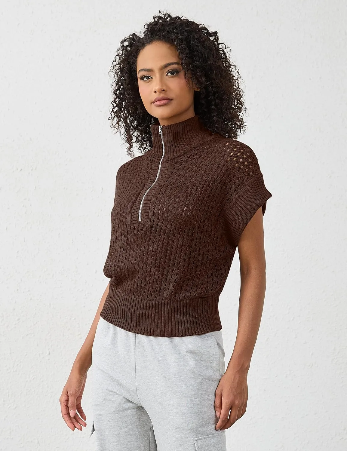 Womens Oversized Crochet Zip Sweater Vest Cap Sleeve Sweater Tops Casual Lapel Collar See Through Hollow Out Knit Top